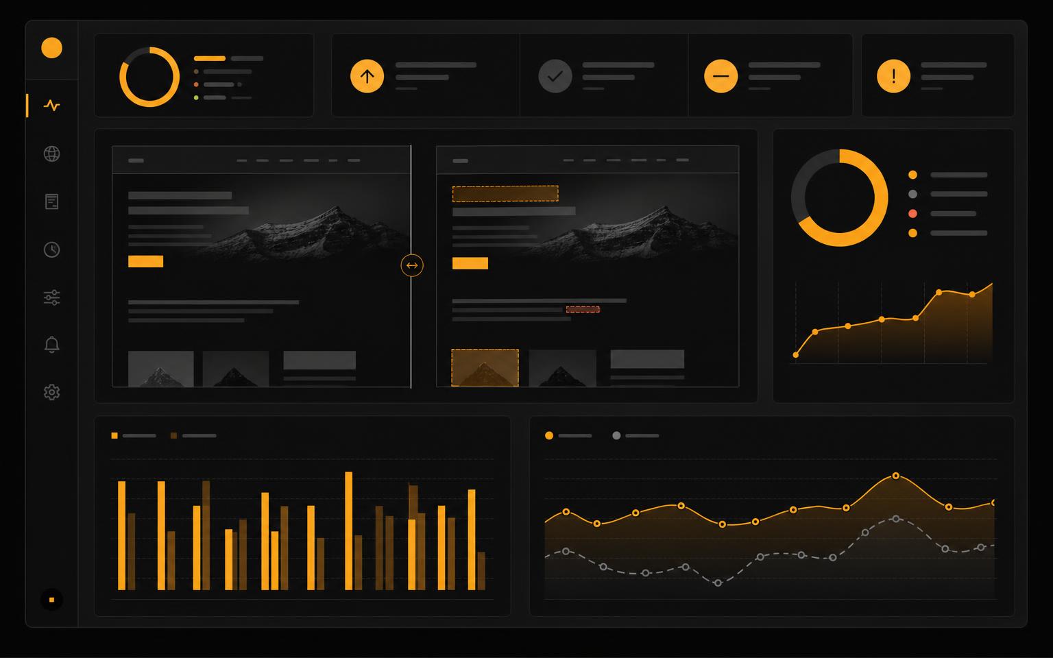 Analytics report dashboard showing visual diffs and status codes