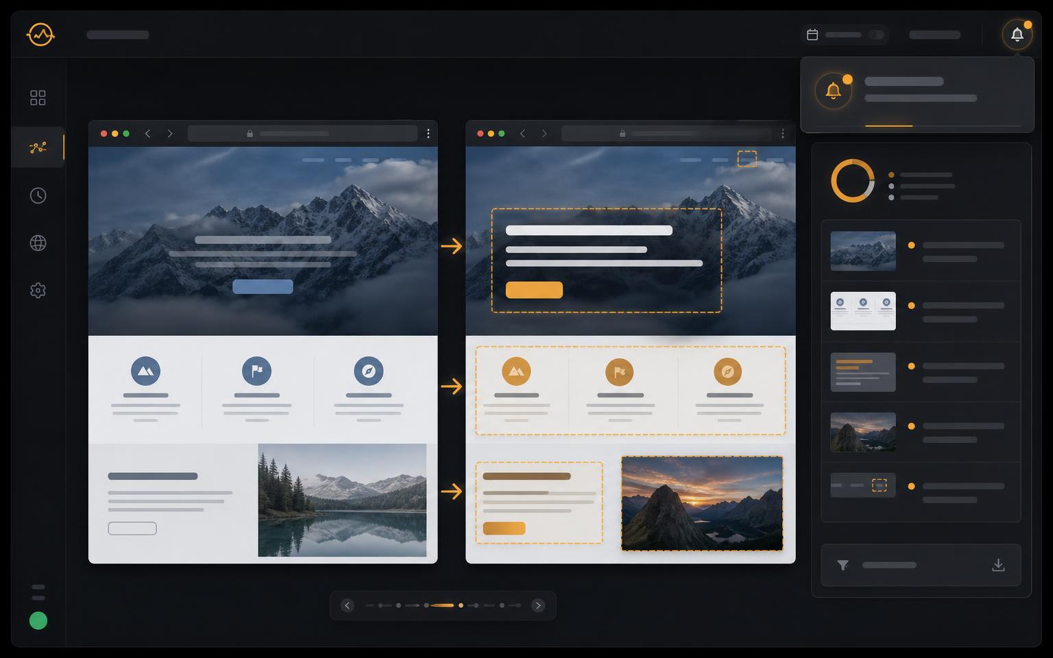 Side-by-side website comparison highlighting detected changes