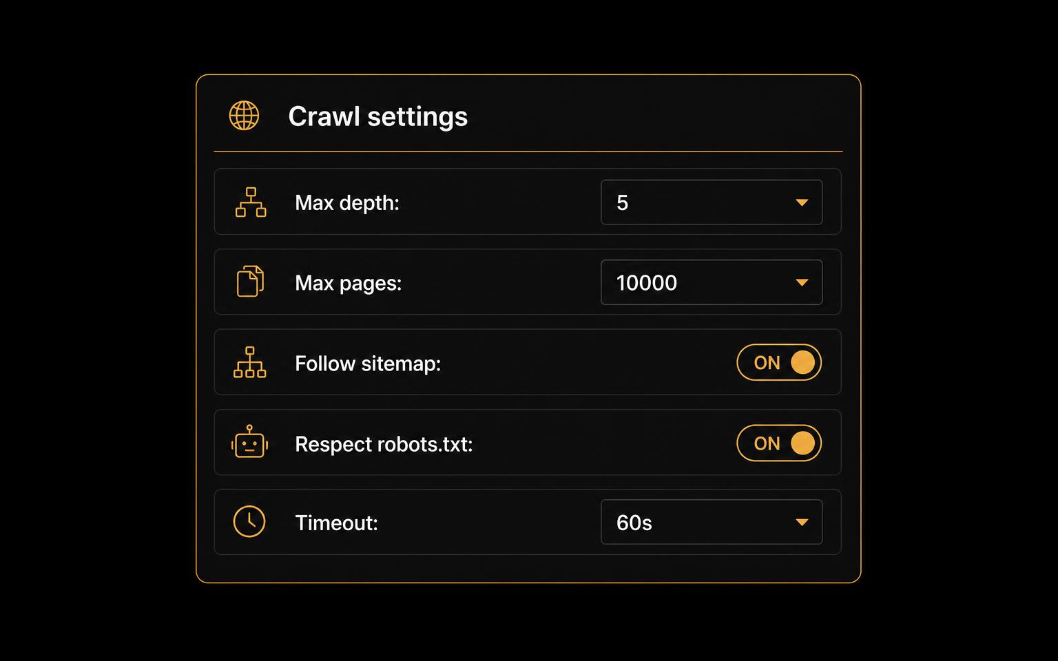 Crawl settings panel with depth, max pages and sitemap options